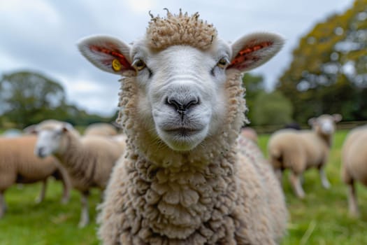 sheep with a farm landscape.