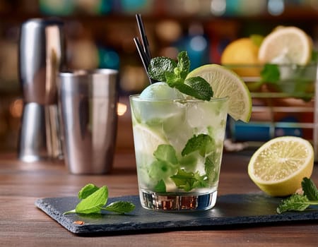 Mojito cocktail with ice cubes in cocktail shaker on black slate board