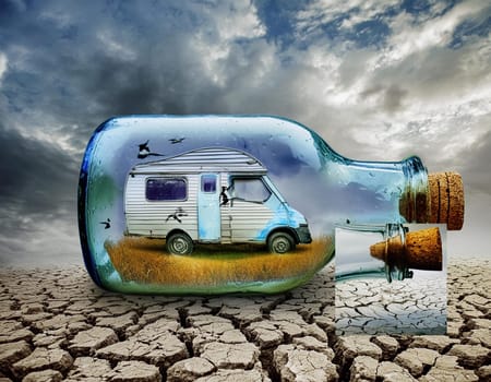 RV camper in a bottle, bottle camper