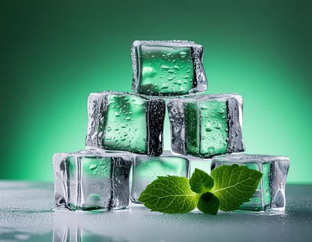 Clean water, ice crystal cubes with mint leaves and bubbles. Menthol, cool mint, peppermint, spearmint, mojito or lemonade drink wave splashes