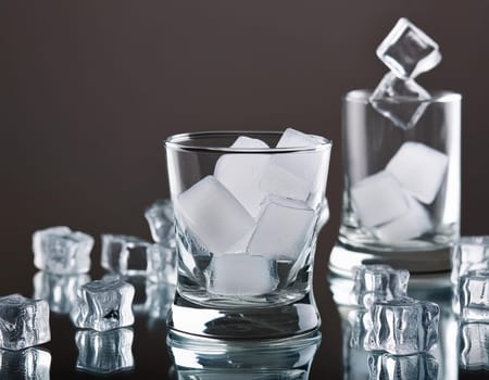 Ice cubes in a glass on a dark table against a dark background