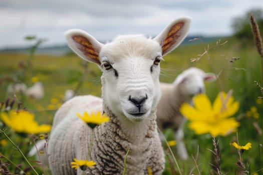 sheep with a farm landscape.