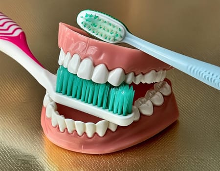 Use a toothbrush to clean partial dentures from replacement teeth.