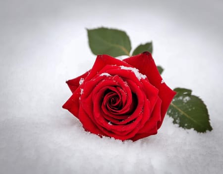 Red blossom of a rose in the snow, glittering background with copy space