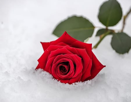 Red blossom of a rose in the snow, glittering background with copy space