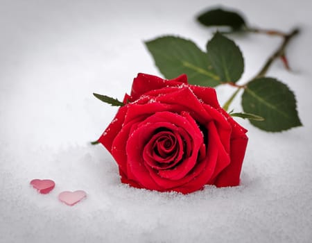 Red blossom of a rose in the snow, glittering background with copy space