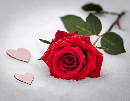 Red blossom of a rose in the snow, glittering background with copy space