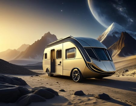 Camper. Vacation on the moon. The light cycles. Freeze light. Camper. Camper. Night. The stars in the sky.