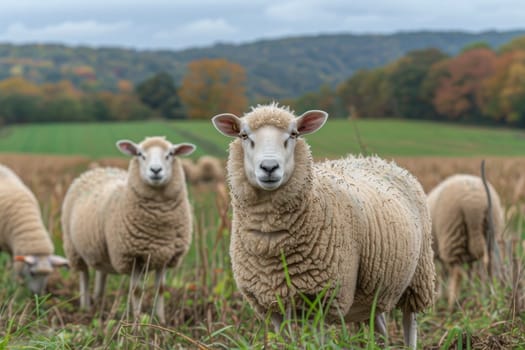 sheep with a farm landscape.