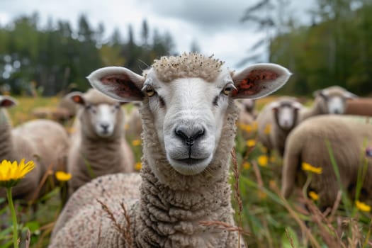 sheep with a farm landscape.