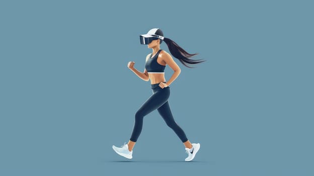 A woman is walking in a virtual reality world. She is wearing a black tank top and blue pants