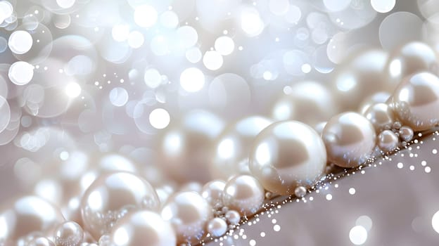 Macro photography of a pearl necklace, showcasing the intricate pattern and natural beauty of the gemstone. The white background highlights its elegance as a fashion accessory