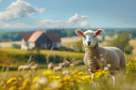 sheep with a farm landscape.