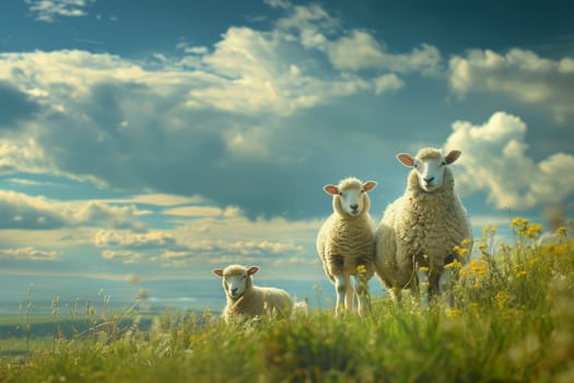 sheep with a farm landscape.