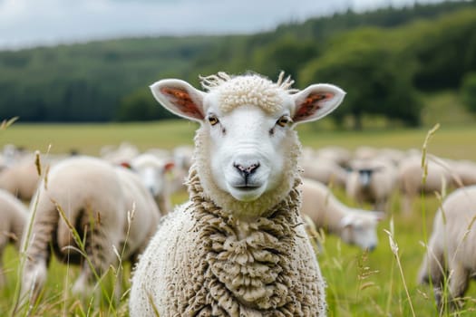 sheep with a farm landscape.