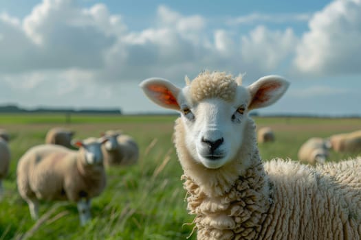 sheep with a farm landscape.