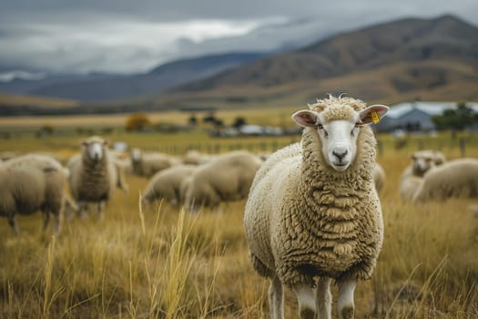 sheep with a farm landscape.