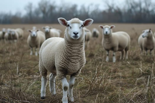 sheep with a farm landscape.