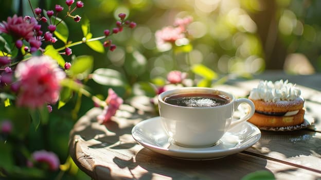 A cup of coffee on a table with a small cake for a snack in a flower garden.