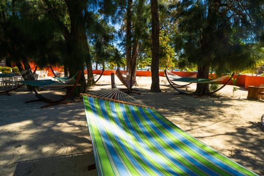 Umbrellas and sunbeds by the exotic tropical beach, Haiti, Caribbean Sea