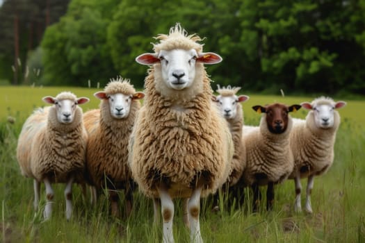 sheep with a farm landscape.