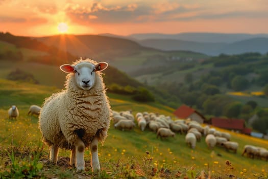 sheep with a farm landscape.