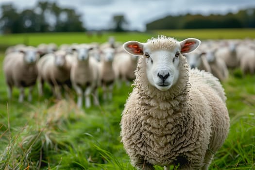 sheep with a farm landscape.