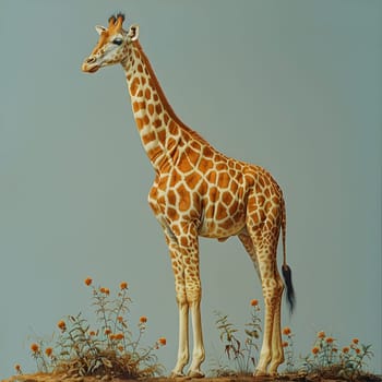 A Giraffidae, a terrestrial animal with a long neck, standing gracefully on top of a hill with flowers in the background, showcasing the beauty of nature