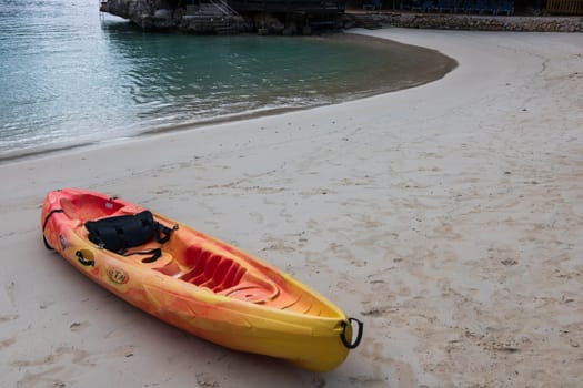 Active rest, sport, kayak. Canoe on a sandy beach