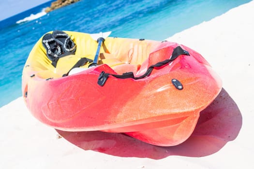 Active rest, sport, kayak. Canoe on a sandy beach