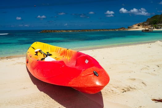 Active rest, sport, kayak. Canoe on a sandy beach