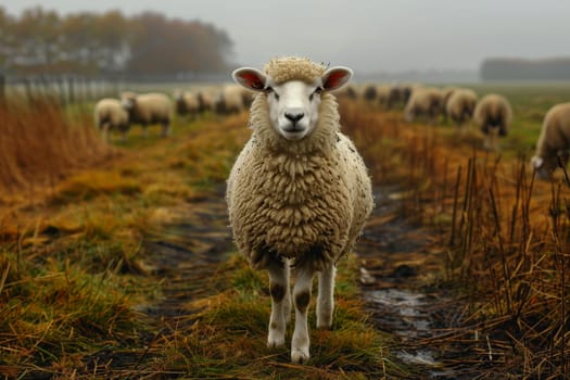 sheep with a farm landscape.