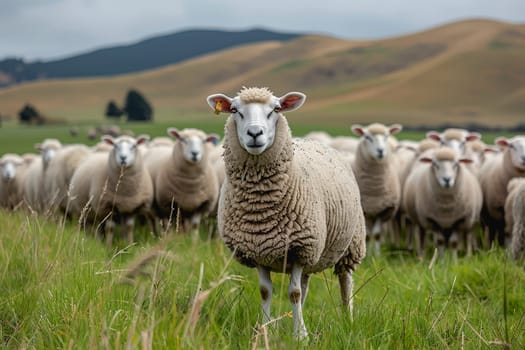 sheep with a farm landscape.