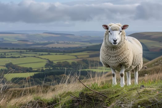sheep with a farm landscape.