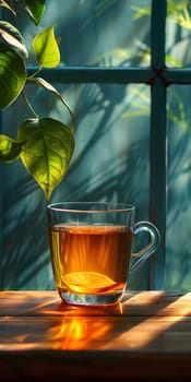 An amber liquid, possibly an alcoholic beverage, is in a highball glass on a wooden table by a window, casting a warm yellow glow