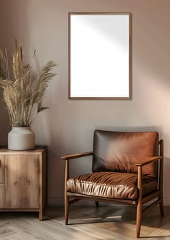 An interior design featuring a building with a comfortable chair, wooden furniture, a picture on the wall, flowerpot, and rectangle lighting for a cozy living room