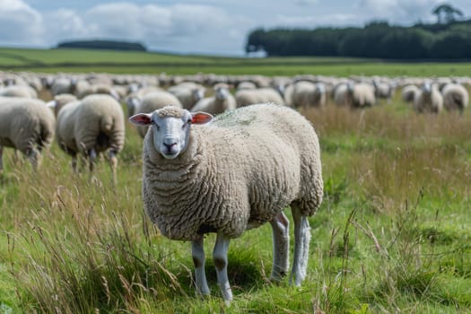 sheep with a farm landscape.