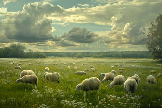 sheep with a farm landscape.