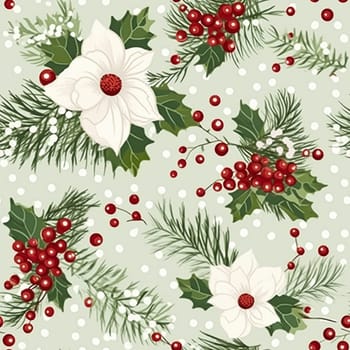 Seamless pattern, tileable Christmas holiday floral country dots print, English countryside flowers for wallpaper, wrapping paper, scrapbook, fabric and product design motif