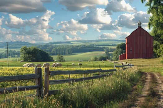 sheep with a farm landscape.