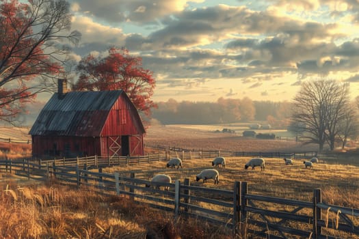 sheep with a farm landscape.