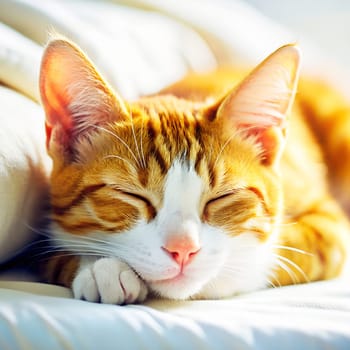 Sleeping orange cat close-up, generated by AI illustration.