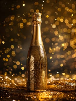 A glass bottle of champagne is elegantly displayed on a wooden table against a backdrop of gold. The tints and shades create a luxurious ambiance perfect for a city event