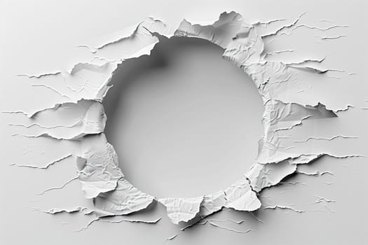 Torn hole in a sheet of paper on a white background.