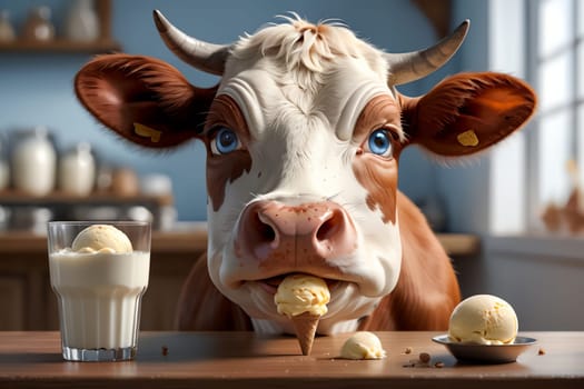 cute cow looking at milk ice cream in a glass .