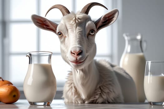 cute goat looking at fresh milk in a glass .