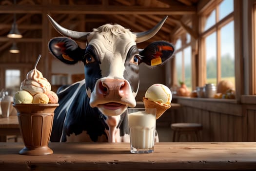 cute cow looking at milk ice cream in a glass .