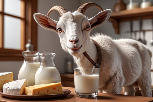 cute goat looking at milk in a glass and dairy products .
