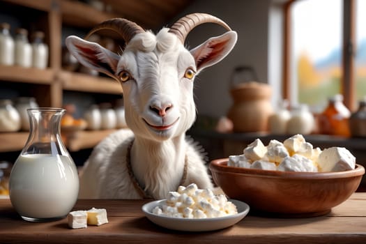 cute goat looking at milk in a glass and dairy products .