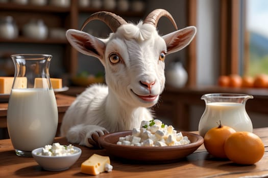 cute goat looking at milk in a glass and dairy products .